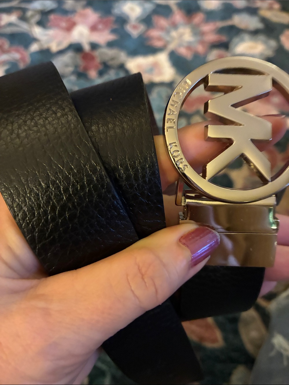 Michael Kors Black Leather Belt silver MK Logo Buckle Reversible Silver leather